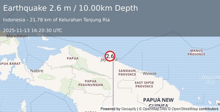 Earthquake NEAR N COAST OF PAPUA, INDONESIA (2.6 m) (2025-11-13 16:20:30 UTC)