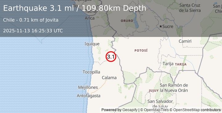 Earthquake TARAPACA, CHILE (3.1 ml) (2025-11-13 16:25:33 UTC)