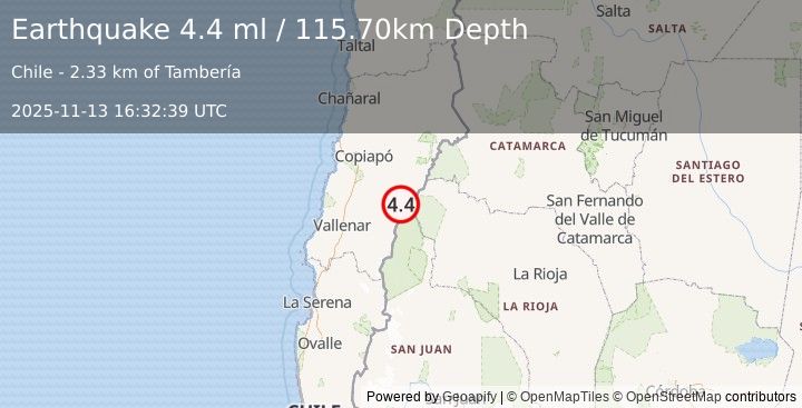 Earthquake ATACAMA, CHILE (4.4 ml) (2025-11-13 16:32:39 UTC)