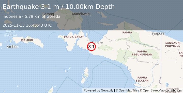 Earthquake PAPUA, INDONESIA (3.1 m) (2025-11-13 16:45:43 UTC)