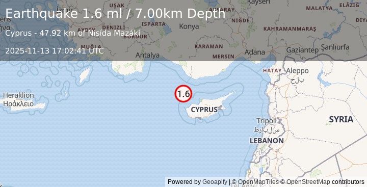 Earthquake CYPRUS REGION (1.6 ml) (2025-11-13 17:02:41 UTC)