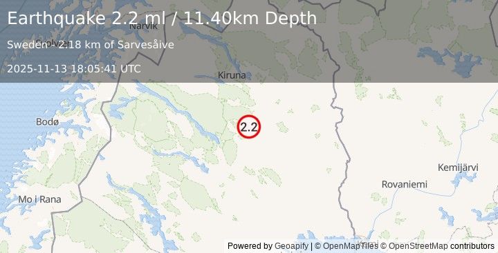 Earthquake SWEDEN (2.1 ml) (2025-11-13 18:05:37 UTC)
