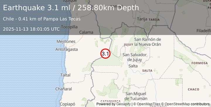Earthquake ANTOFAGASTA, CHILE (3.1 ml) (2025-11-13 18:01:05 UTC)