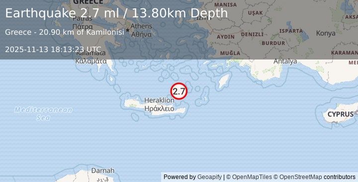 Earthquake CRETE, GREECE (2.7 ml) (2025-11-13 18:13:23 UTC)