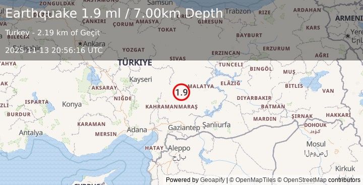 Earthquake CENTRAL TURKEY (1.9 ml) (2025-11-13 20:56:15 UTC)