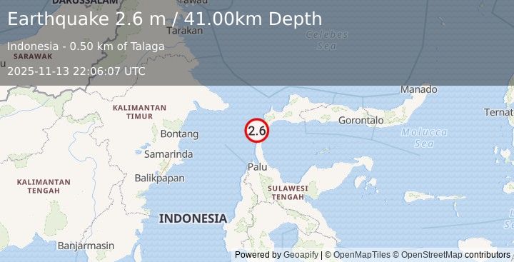 Earthquake MINAHASA, SULAWESI, INDONESIA (2.6 m) (2025-11-13 22:06:07 UTC)