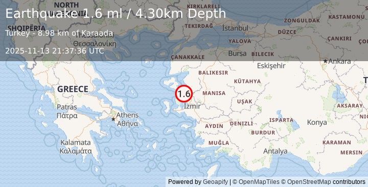 Earthquake NEAR THE COAST OF WESTERN TURKEY (1.6 ml) (2025-11-13 21:37:36 UTC)