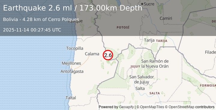 Earthquake POTOSI, BOLIVIA (2.6 ml) (2025-11-14 00:27:45 UTC)