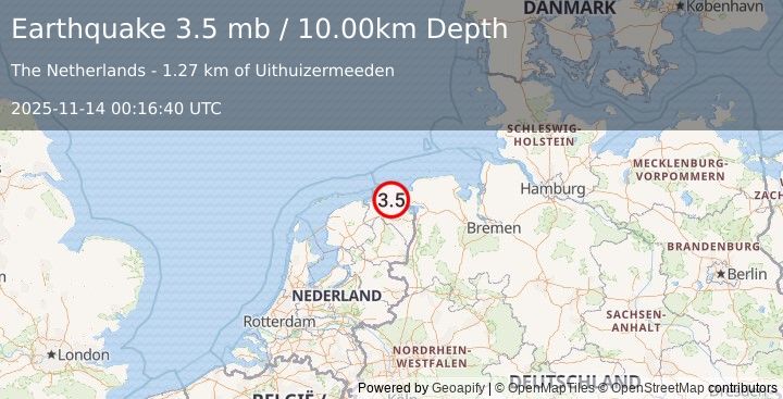 Earthquake THE NETHERLANDS (3.5 mb) (2025-11-14 00:16:40 UTC)