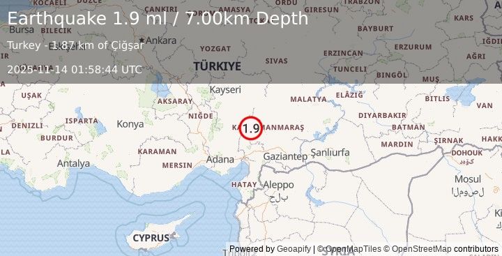 Earthquake CENTRAL TURKEY (1.9 ml) (2025-11-14 01:58:44 UTC)