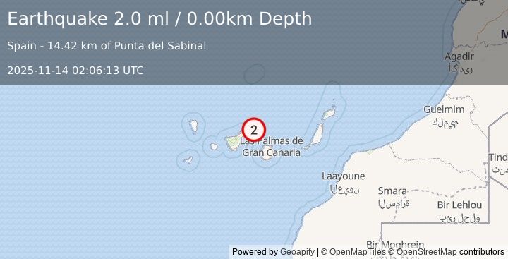 Earthquake CANARY ISLANDS, SPAIN REGION (2.0 ml) (2025-11-14 02:06:13 UTC)