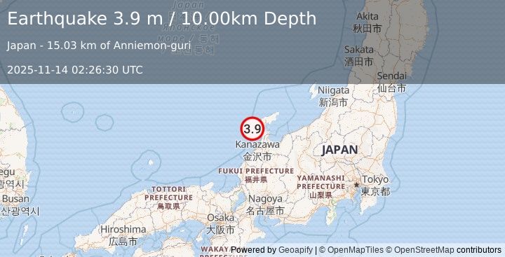 Earthquake NEAR WEST COAST OF HONSHU, JAPAN (3.9 m) (2025-11-14 02:26:30 UTC)