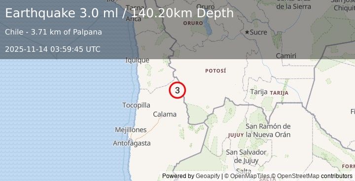 Earthquake ANTOFAGASTA, CHILE (3.0 ml) (2025-11-14 03:59:45 UTC)