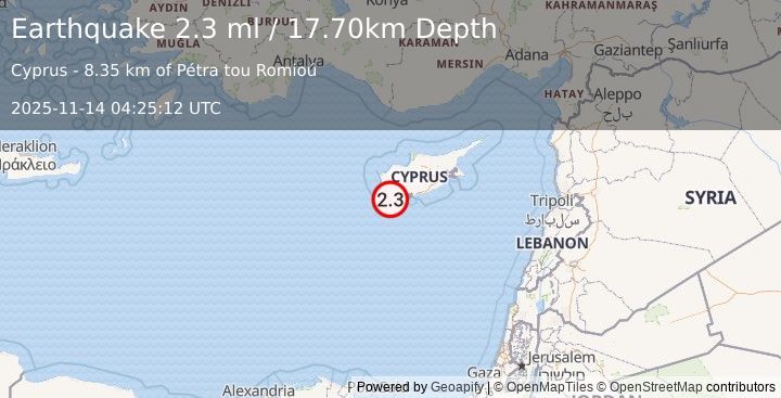 Earthquake CYPRUS REGION (2.2 ml) (2025-11-14 04:25:16 UTC)