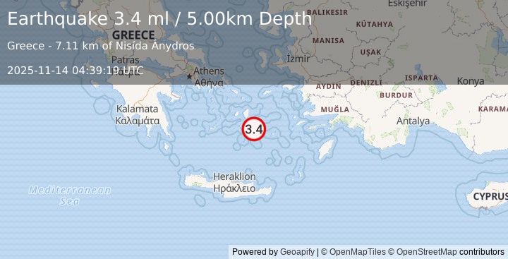 Earthquake DODECANESE ISLANDS, GREECE (3.6 ml) (2025-11-14 04:39:18 UTC)