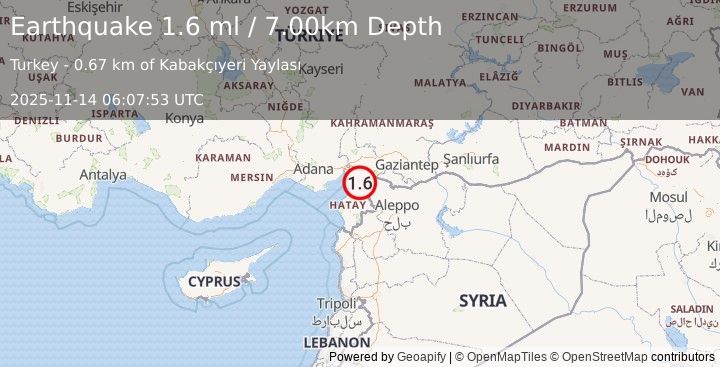 Earthquake TURKEY-SYRIA BORDER REGION (1.6 ml) (2025-11-14 06:07:53 UTC)