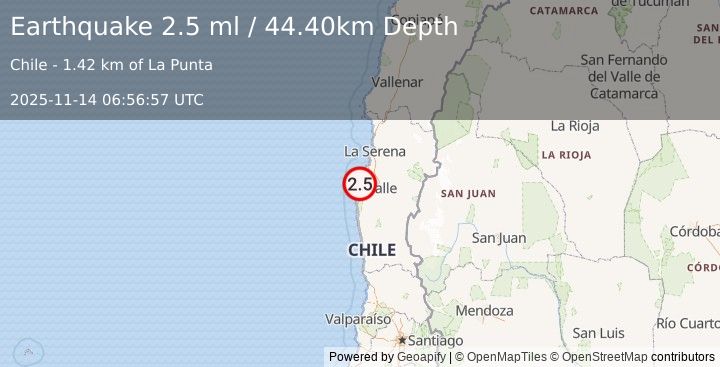 Earthquake COQUIMBO, CHILE (2.5 ml) (2025-11-14 06:56:57 UTC)