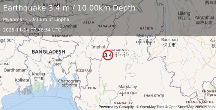 Earthquake MYANMAR-INDIA BORDER REGION (3.4 m) (2025-11-14 07:38:54 UTC)