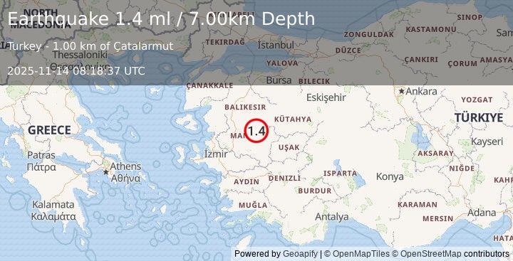 Earthquake WESTERN TURKEY (1.4 ml) (2025-11-14 08:18:37 UTC)