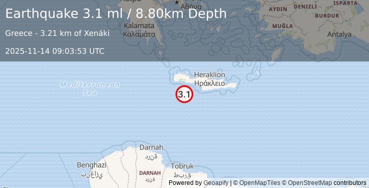 Earthquake CRETE, GREECE (3.1 ml) (2025-11-14 09:03:53 UTC)