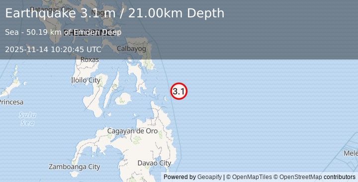 Earthquake PHILIPPINE ISLANDS REGION (3.1 m) (2025-11-14 10:20:45 UTC)