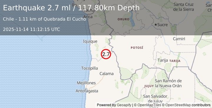 Earthquake TARAPACA, CHILE (2.7 ml) (2025-11-14 11:12:15 UTC)