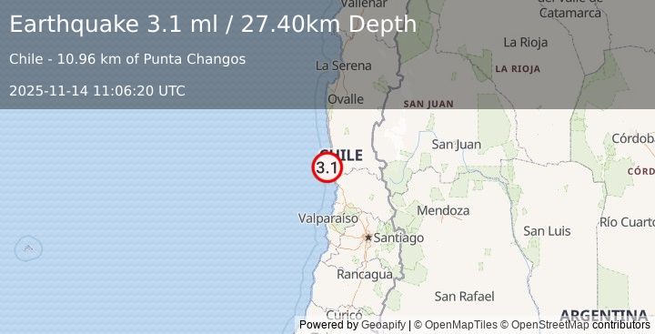 Earthquake OFFSHORE COQUIMBO, CHILE (3.1 ml) (2025-11-14 11:06:20 UTC)