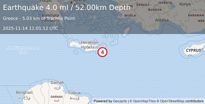 Earthquake CRETE, GREECE (4.0 ml) (2025-11-14 11:01:12 UTC)