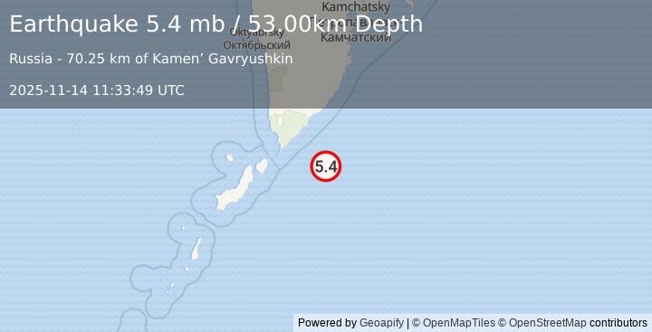 Earthquake EAST OF KURIL ISLANDS (5.2 mw) (2025-11-14 11:33:45 UTC)