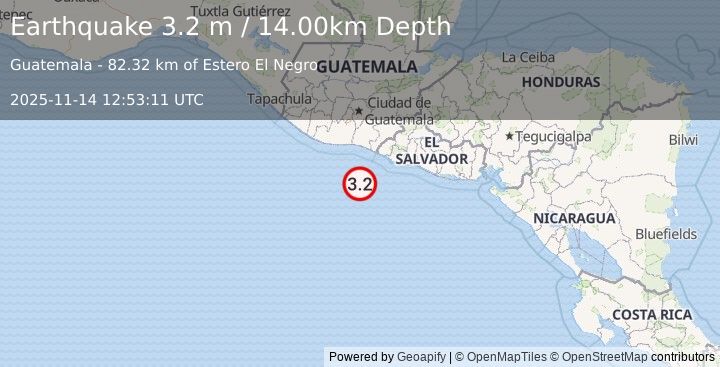 Earthquake OFFSHORE EL SALVADOR (3.2 m) (2025-11-14 12:53:11 UTC)