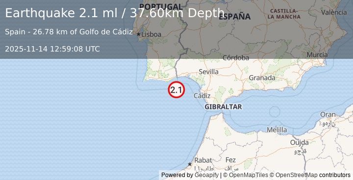 Earthquake STRAIT OF GIBRALTAR (2.1 ml) (2025-11-14 12:59:08 UTC)