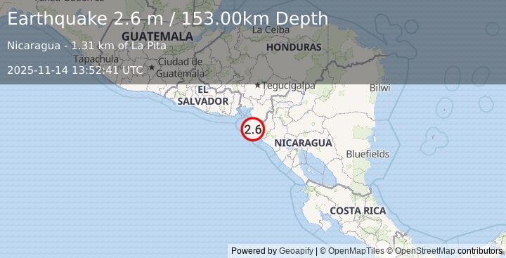 Earthquake NEAR COAST OF NICARAGUA (2.6 m) (2025-11-14 13:52:41 UTC)