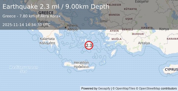 Earthquake DODECANESE ISLANDS, GREECE (2.3 ml) (2025-11-14 14:34:30 UTC)