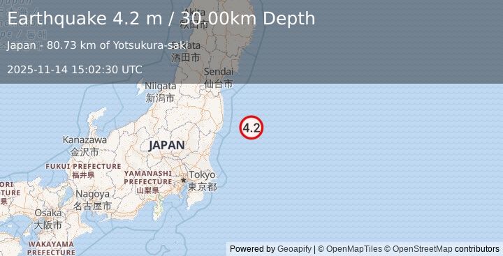 Earthquake NEAR EAST COAST OF HONSHU, JAPAN (4.2 m) (2025-11-14 15:01:54 UTC)
