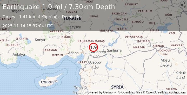 Earthquake CENTRAL TURKEY (1.9 ml) (2025-11-14 15:37:04 UTC)