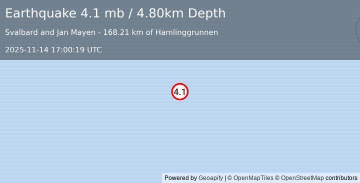 Earthquake NORWEGIAN SEA (4.1 mb) (2025-11-14 17:00:19 UTC)
