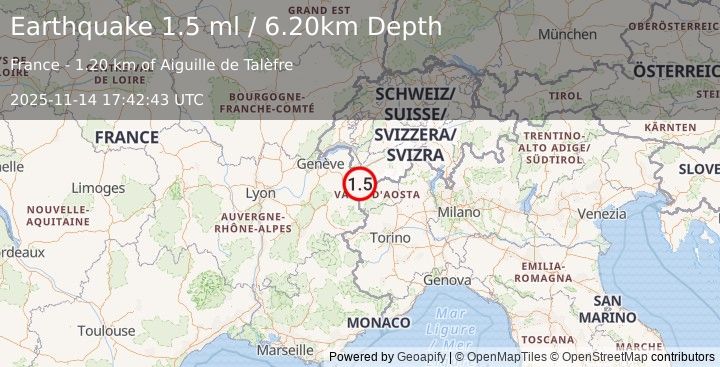 Earthquake NORTHERN ITALY (1.5 ml) (2025-11-14 17:42:43 UTC)