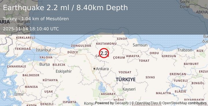 Earthquake CENTRAL TURKEY (2.2 ml) (2025-11-14 18:10:40 UTC)