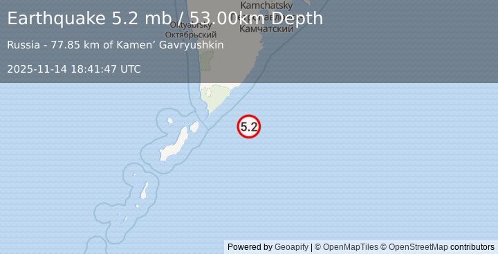 Earthquake EAST OF KURIL ISLANDS (5.2 mb) (2025-11-14 18:41:44 UTC)