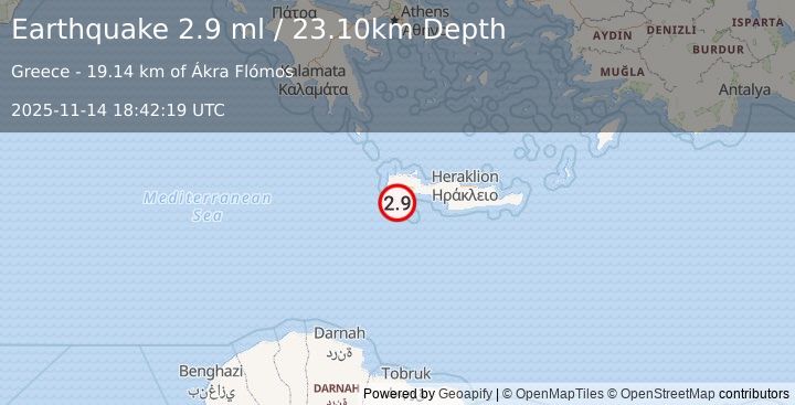 Earthquake CRETE, GREECE (2.9 ml) (2025-11-14 18:42:19 UTC)