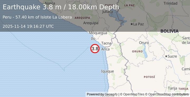 Earthquake OFF COAST OF TARAPACA, CHILE (3.6 m) (2025-11-14 19:16:29 UTC)