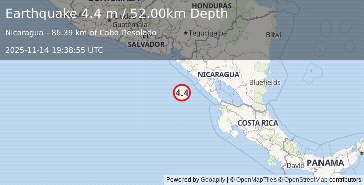 Earthquake NEAR COAST OF NICARAGUA (4.4 m) (2025-11-14 19:38:55 UTC)
