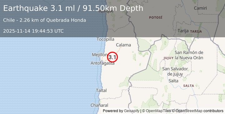 Earthquake ANTOFAGASTA, CHILE (3.1 ml) (2025-11-14 19:44:53 UTC)