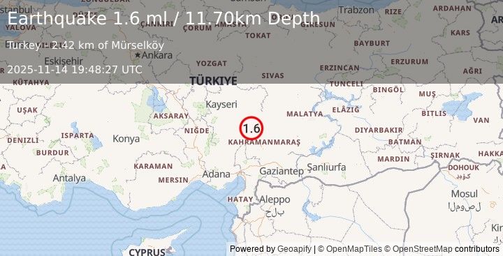 Earthquake CENTRAL TURKEY (1.6 ml) (2025-11-14 19:48:27 UTC)