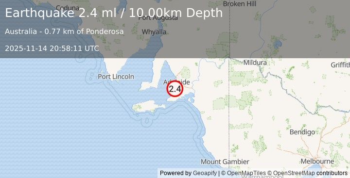Earthquake NEAR COAST OF SOUTH AUSTRALIA (2.4 ml) (2025-11-14 20:58:11 UTC)