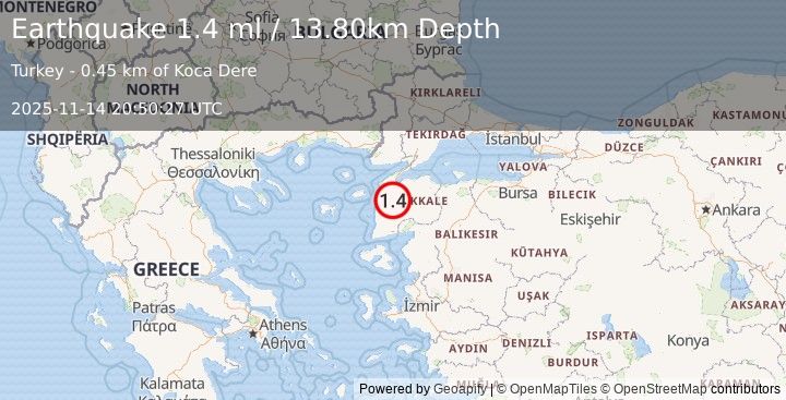 Earthquake WESTERN TURKEY (1.4 ml) (2025-11-14 20:50:27 UTC)
