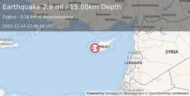Earthquake CYPRUS REGION (2.9 ml) (2025-11-14 22:46:53 UTC)