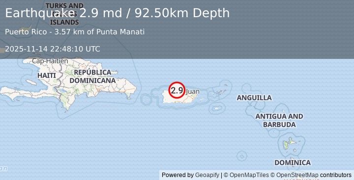 Earthquake PUERTO RICO REGION (2.9 md) (2025-11-14 22:48:10 UTC)