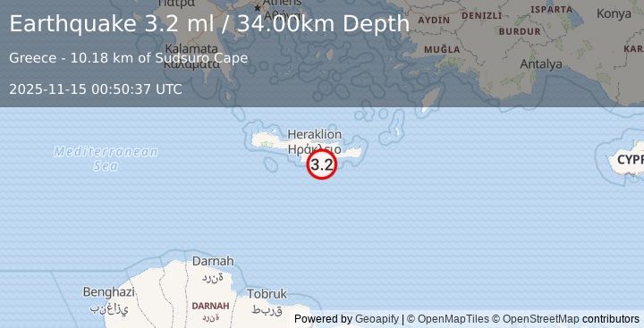 Earthquake CRETE, GREECE (3.2 ml) (2025-11-15 00:50:37 UTC)