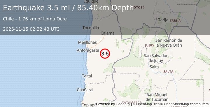 Earthquake ANTOFAGASTA, CHILE (3.5 ml) (2025-11-15 02:32:43 UTC)